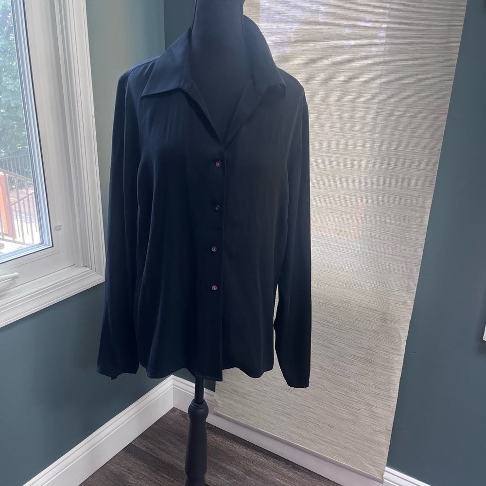 Vintage Kate Hill Black Silk Button Blouse with Elegant Buttons on Sleeve.
